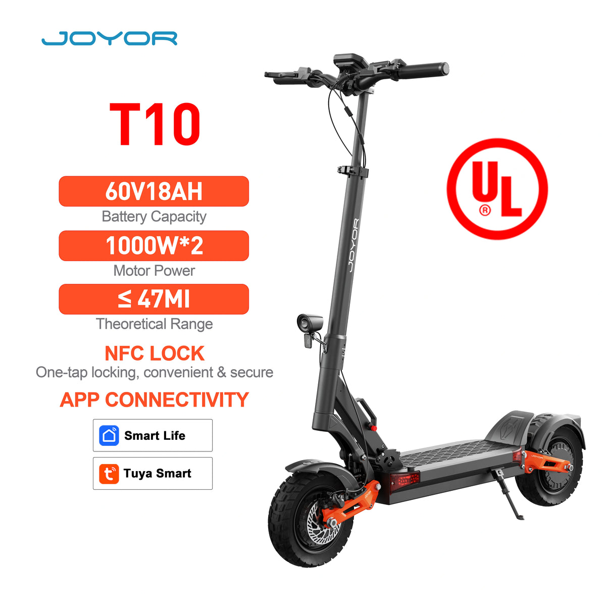 Joyor T10 electric scooter key specifications chart featuring battery capacity and UL safety certification.